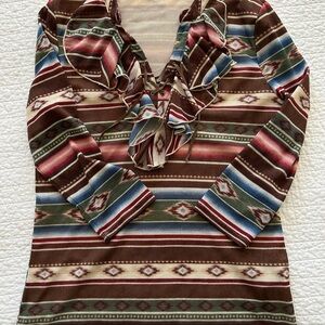 Ralph Lauren Chaps Denim Southwestern Mesh Ruffle Long Sleeve Blouse